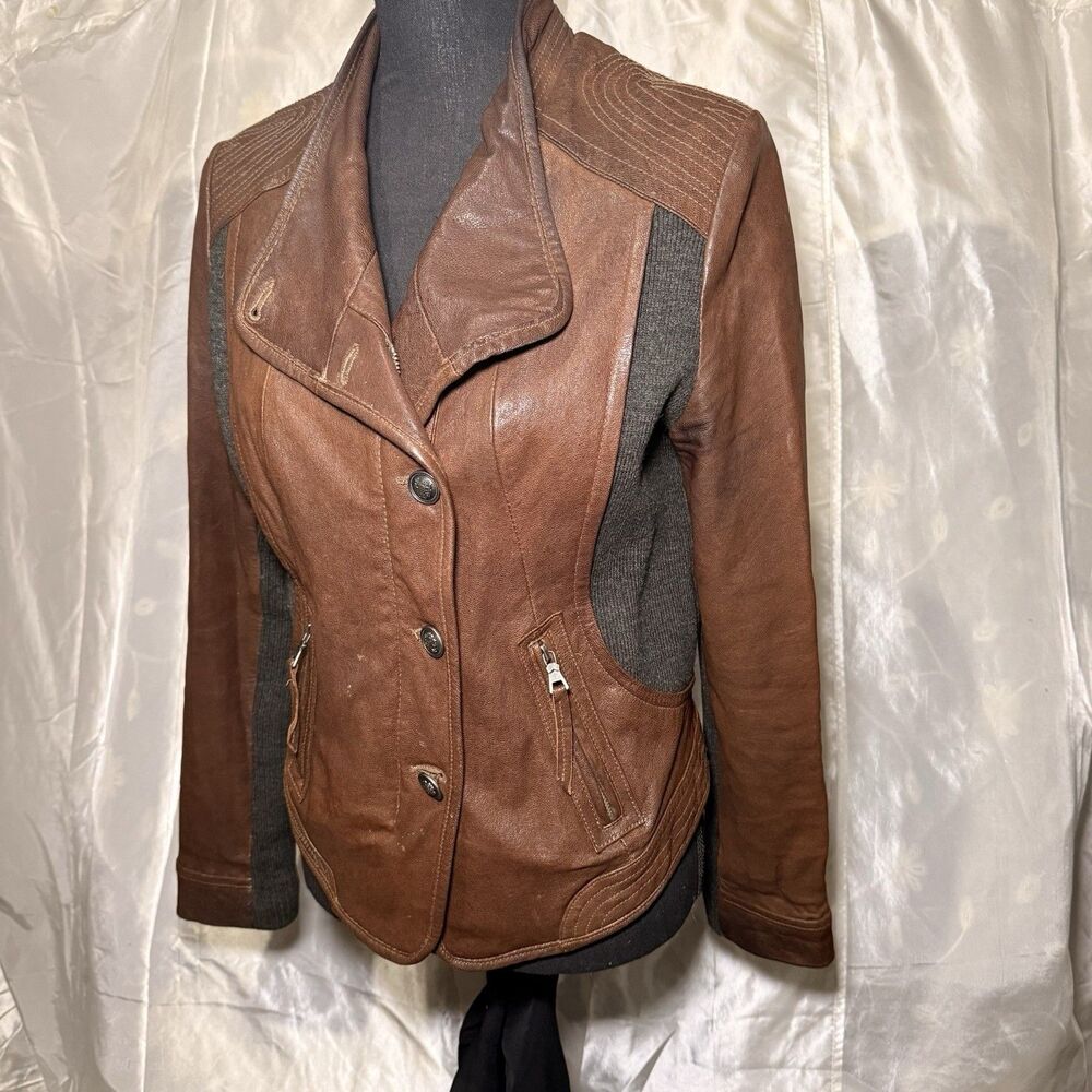 Via Spiga Women’s Brown Moto Jacket Size Medium Leather & Wool